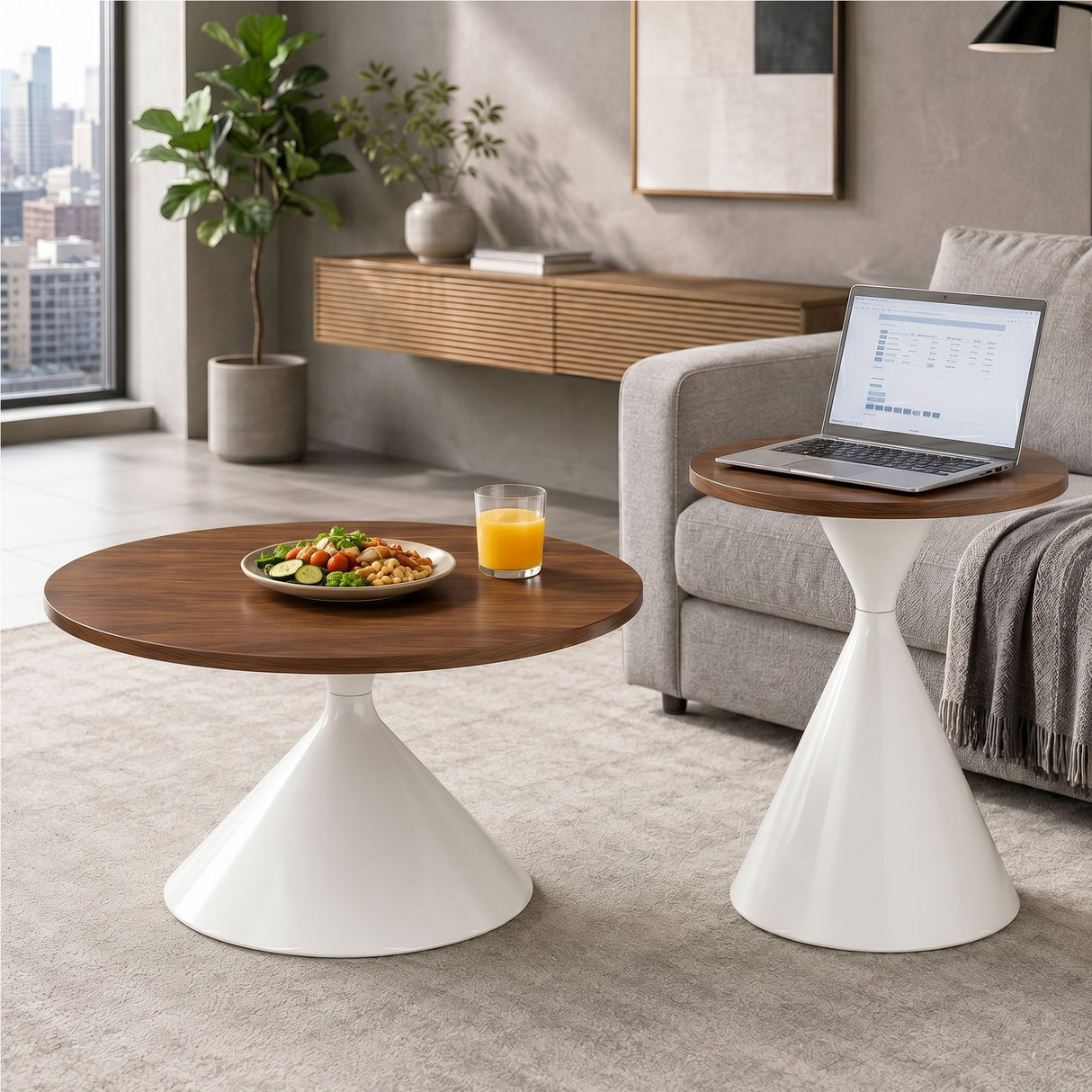 2 Piece Round Coffee Table Set - Walnut / White