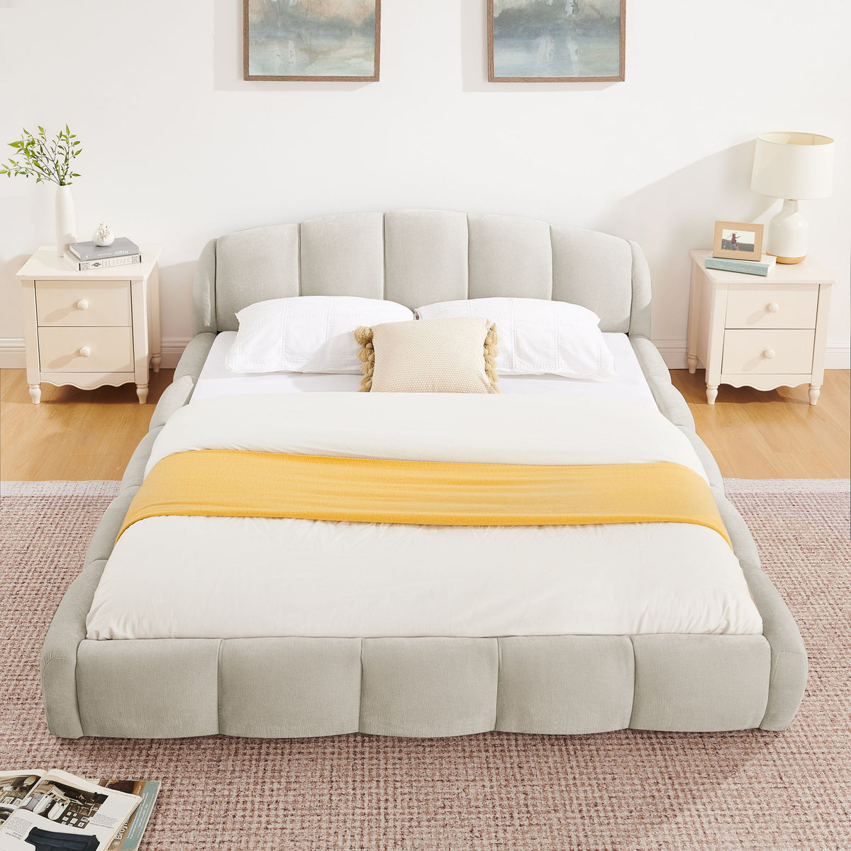 Upholstered Platform Bed Frame, Low Profile Floor Bed, No Box Spring Required