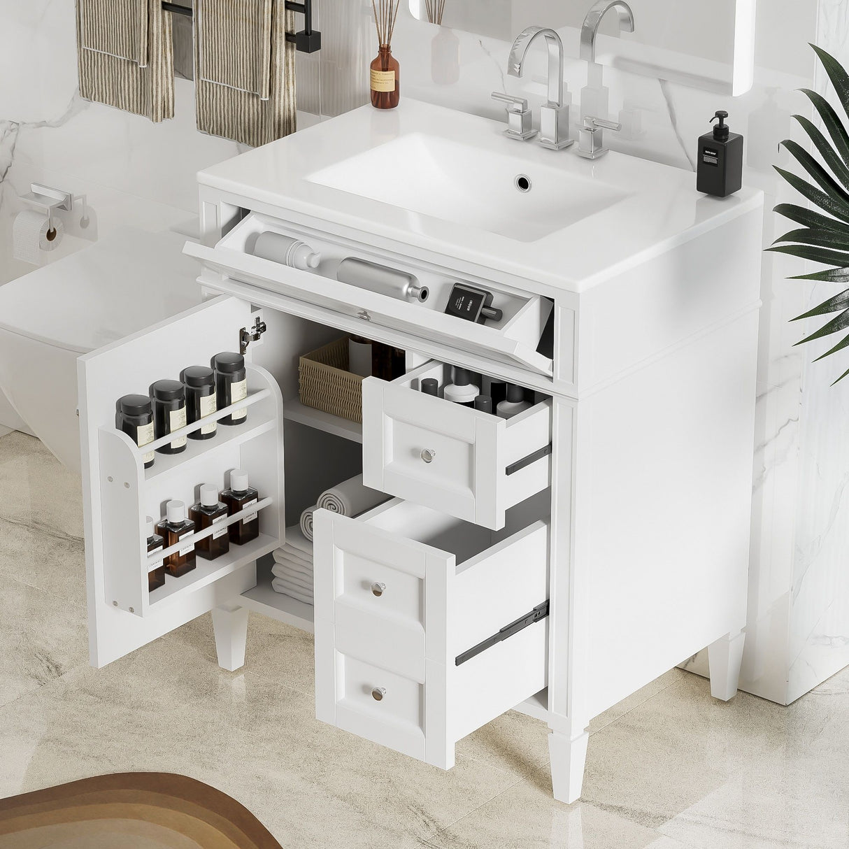 Bathroom Vanity With Top Sink, 2 Drawers & Tip Out Drawer
