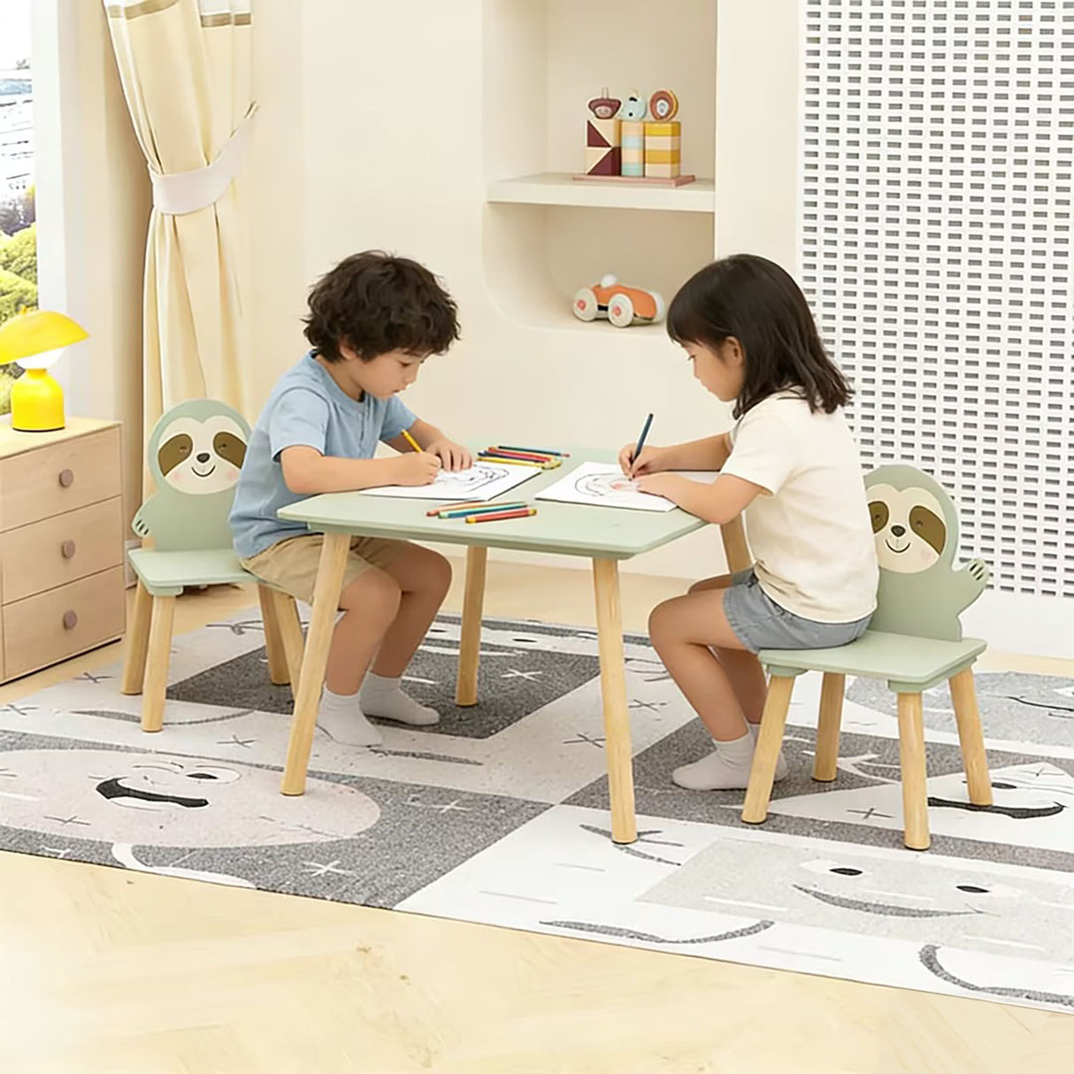 Sloth Themed Table And Chair Set With 2 Cute Animal Chairs - Natural Wood / Sage Green