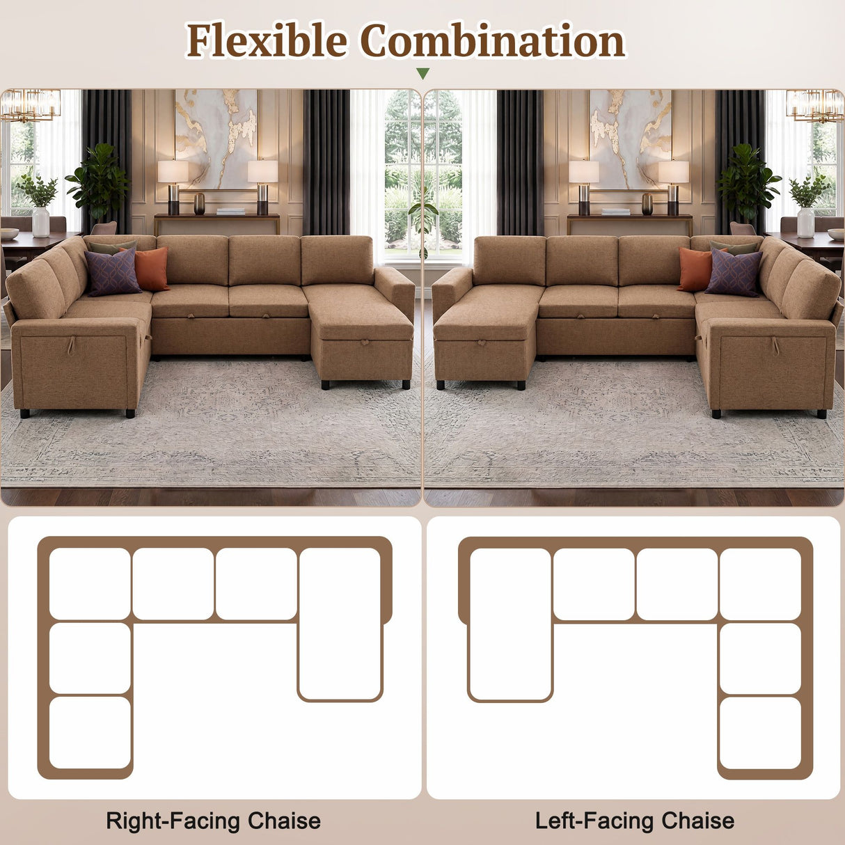 U - Shaped Convertible Sectional Sofa Bed With Storage, USB Charger & Cup Holders