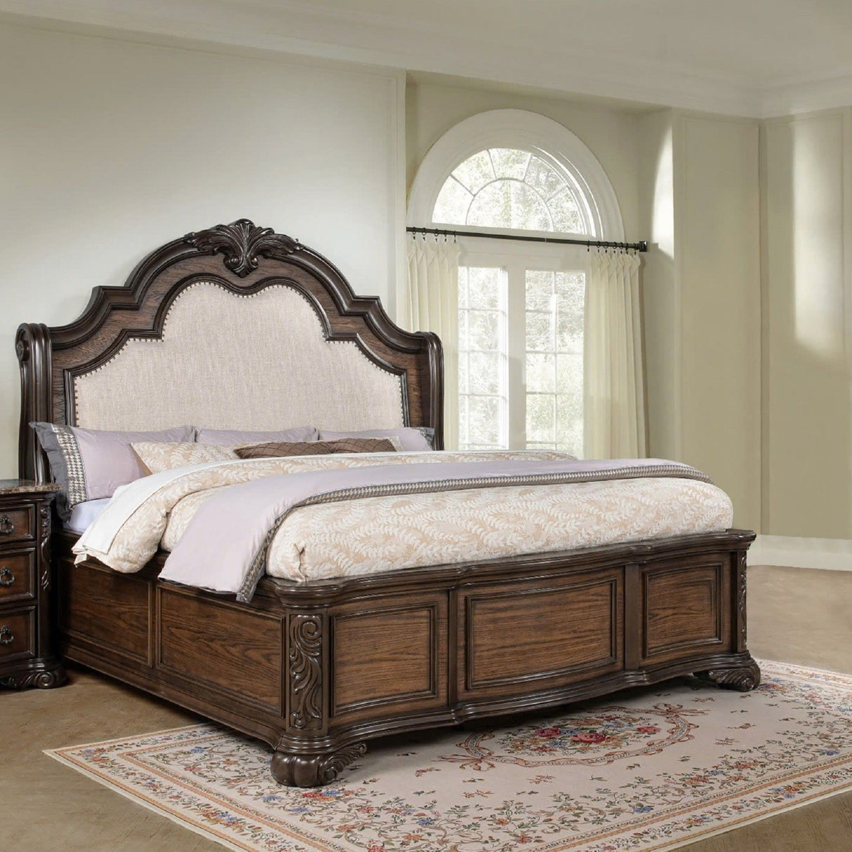 Queen Panel Bed Upholstered Headboard Tufted Nail Head Trim - Brown / Coffee