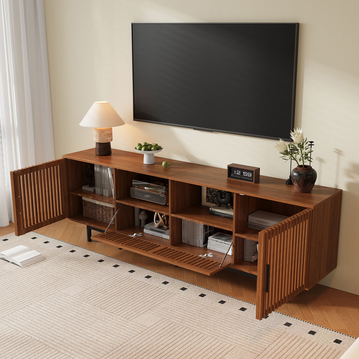 TV Stand, Entertainment Center With Slatted Doors, Cable Management, Soft Closing Hinges - Walnut