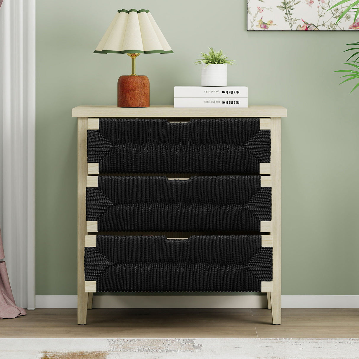 3 Drawer Buffet Sideboard With Adjustable Shelves, Storage Cabinet With Natural Seaweed Decor Doors For Living Room Kitchen Entryway - Natural