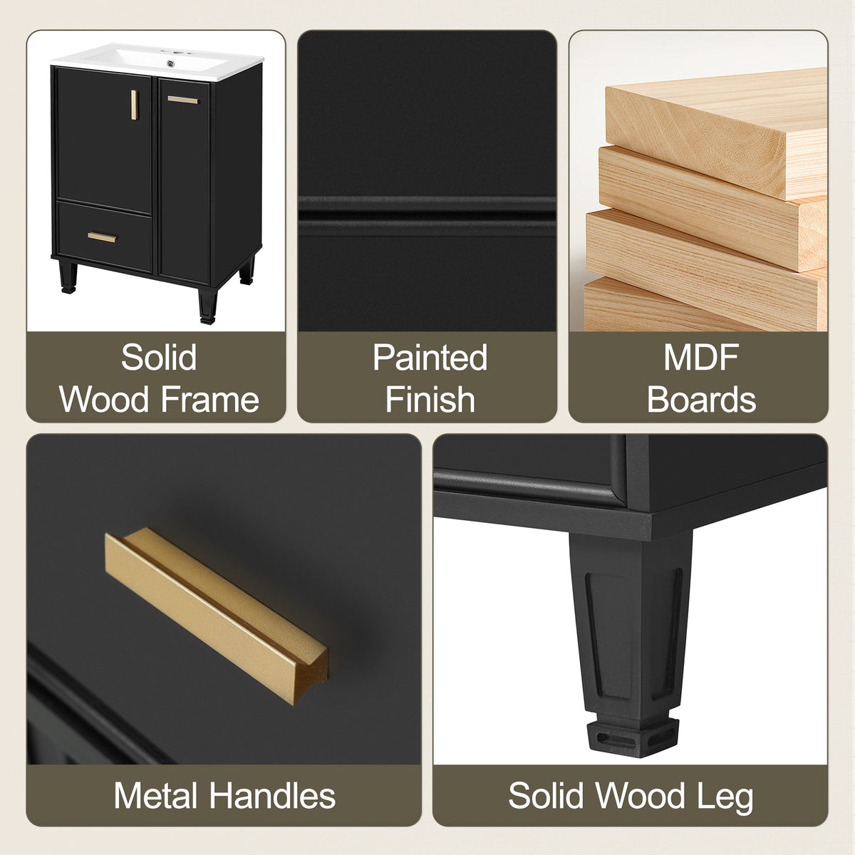 Bathroom Vanity With Sink, Deep Drawer And Pull Out Basket, Rectangular Design - Black