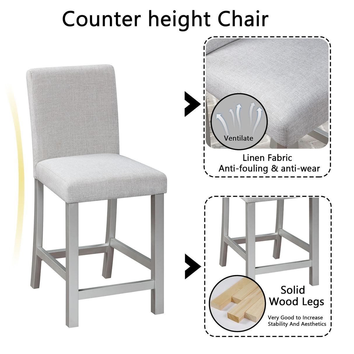 5 Piece Counter Height Table Set, Square Table And 4 Upholstered Chairs