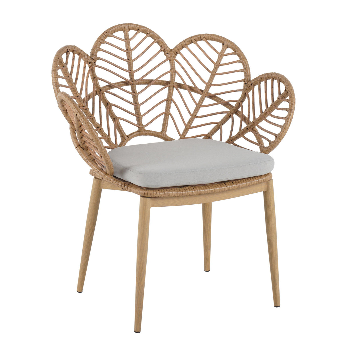 Kirk - Outdoor Wicker Peacock Shape Papasan Style Chair, Teak Finished Leg (Set of 2) - Beige / Light Brown / Light Teak