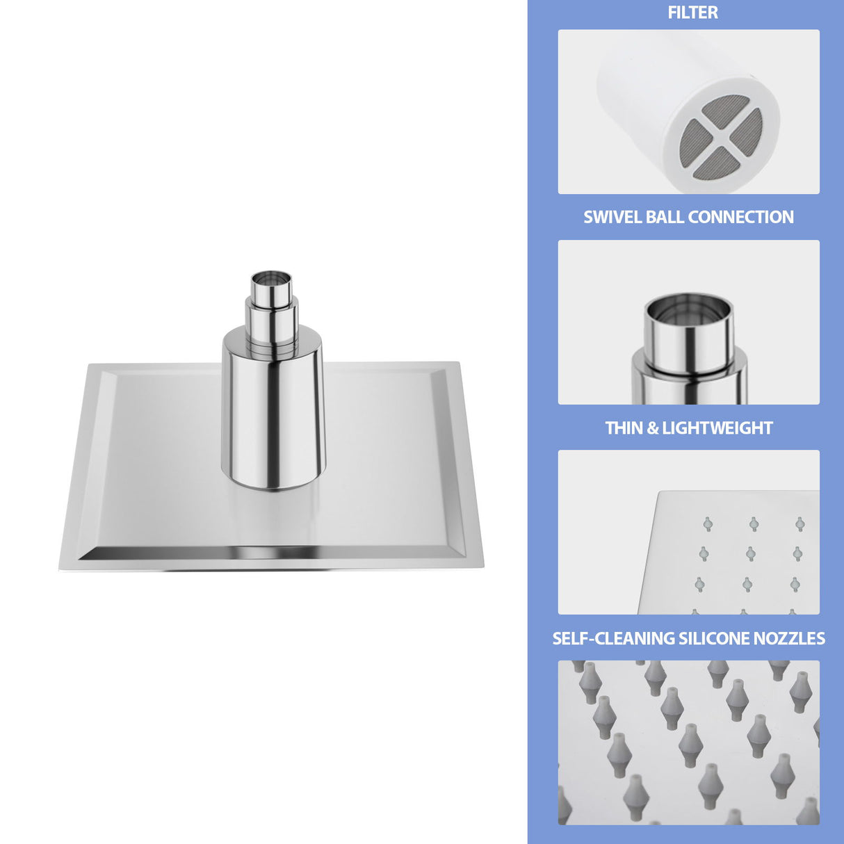 Ultra Thin 8" Square Rain Shower Head 304 Stainless Steel, Wall / Ceiling Mounted