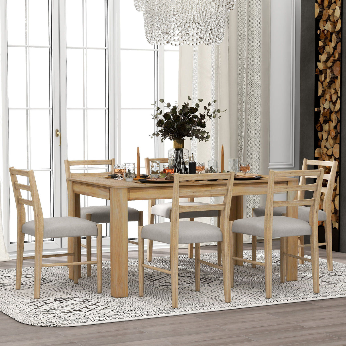 7 Piece Dining Set With Extendable Table, 2 Drawers & 6 Upholstered Chairs
