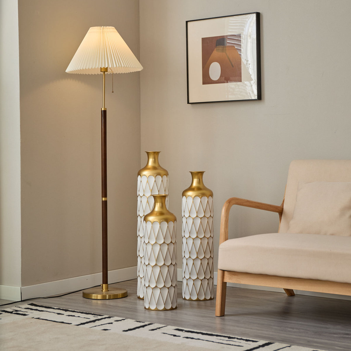 Floor Metal Vase Modern Style Decoration Home Droplet Shaped Metal Vase 3 Piece Set Gorgeous Home Decoration Large Glazed Metal Vase - Gold / White