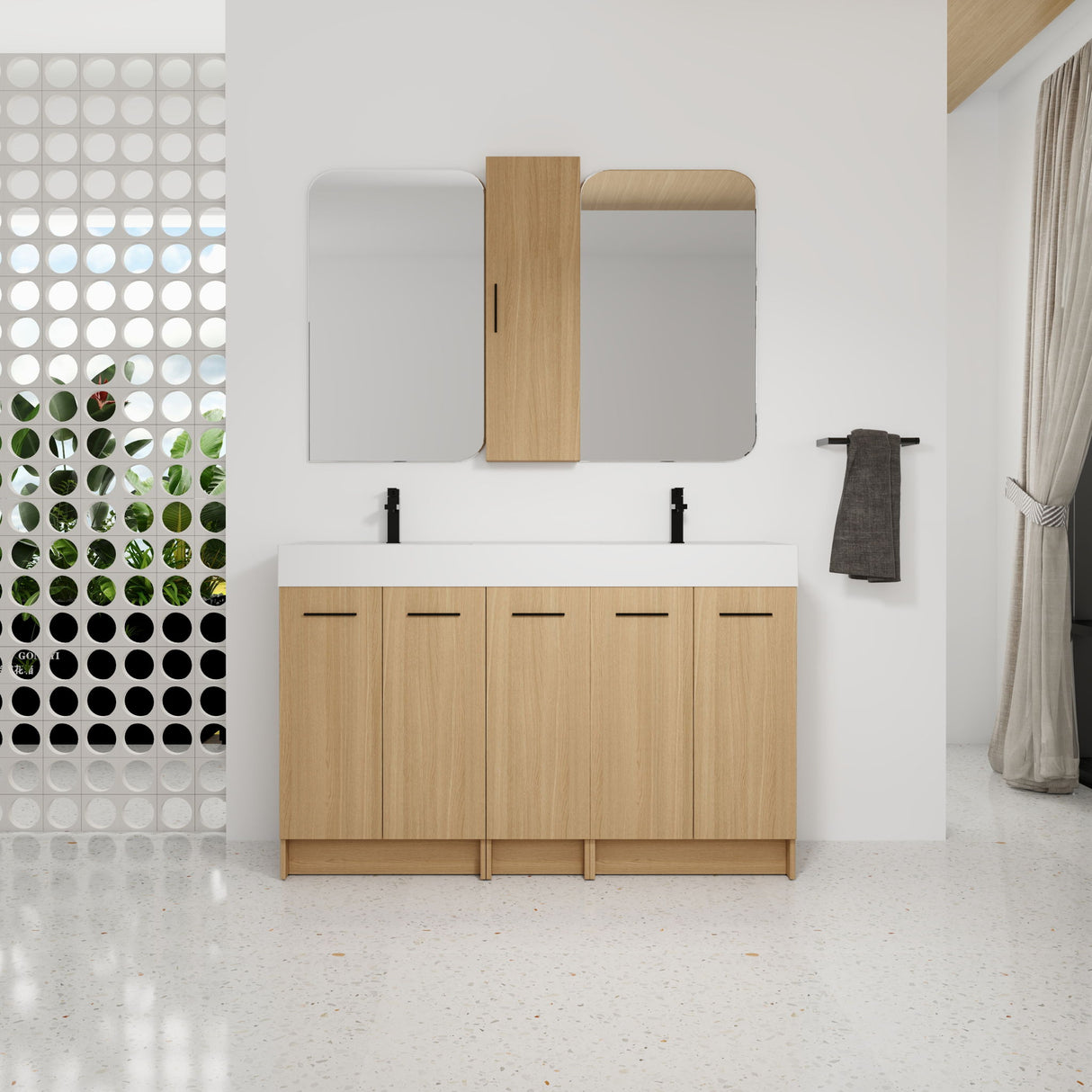 Double Sink Bathroom Vanity Set With Tall Linen Cabinet, Extra Large Storage, Integrated Sink, Freestanding Cabinet - Light Oak / White