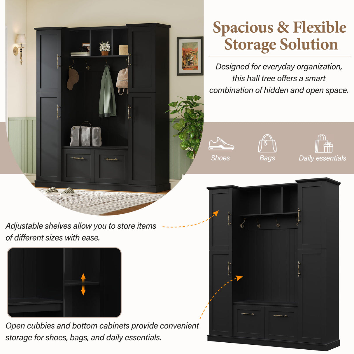 Hall Tree With 4 Side Cabinets