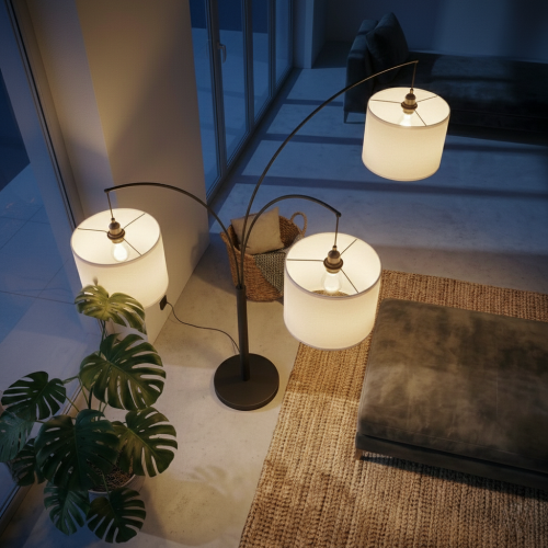 Royal 3-Arm Metal Arc Floor Lamp, Oil Rubbed Bonze with Linen Shade, 4 way Rotary Switch