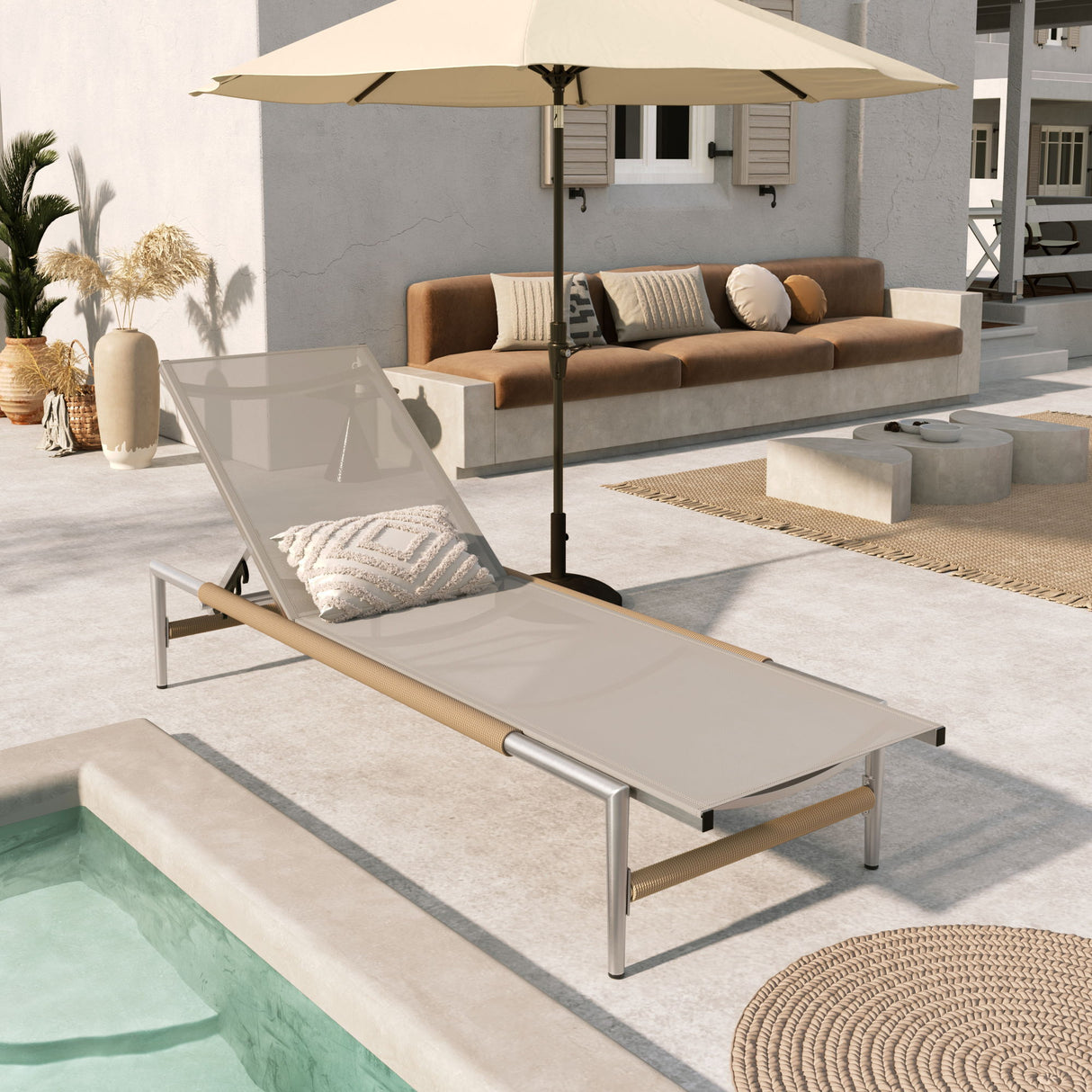 Hargrove - Outdoor Patio Aluminun Chaise Lounge, Outdoor Mesh Seat - Natural / Silver