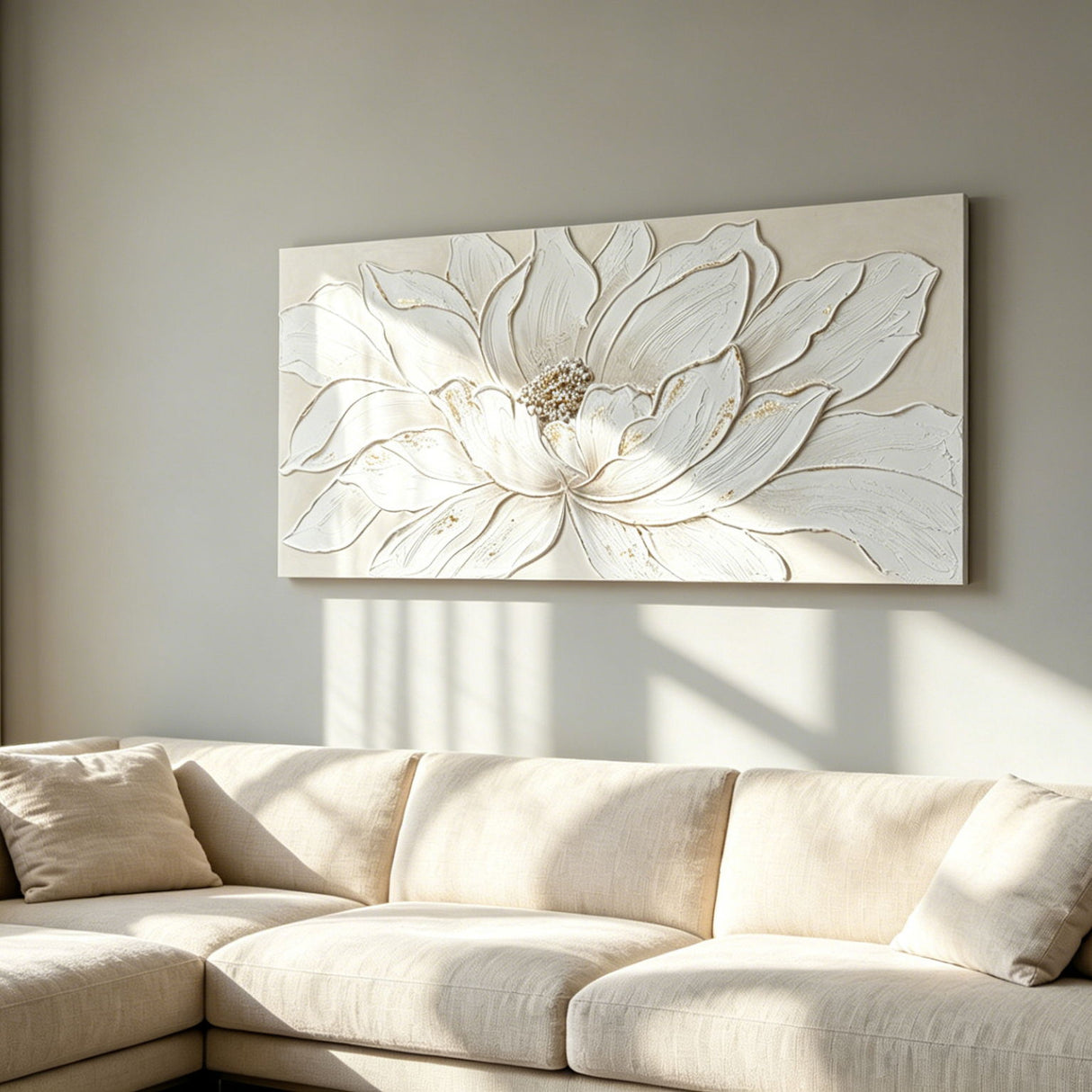 Lotus Flower Canvas Wall Art, Hand Painted Textured Floral Painting - Antique White