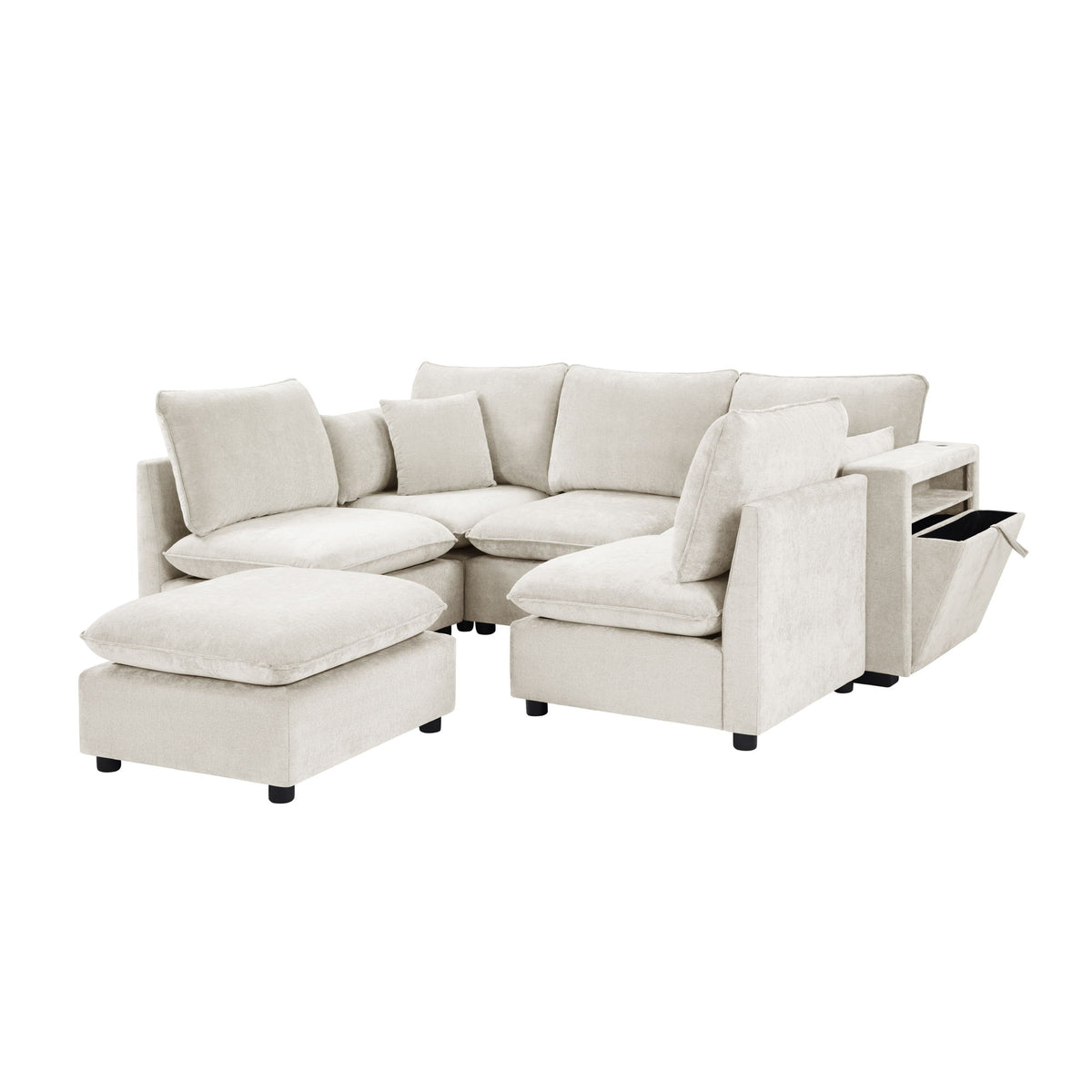Sectional Modular Sofa, U-Shaped With Movable Ottoman, Storage Armrests And USB Ports - Beige