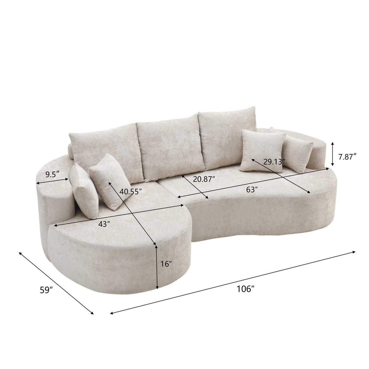 2 Piece Fabric Cloud Curved Sectional Sofa With Chaise For Living Room