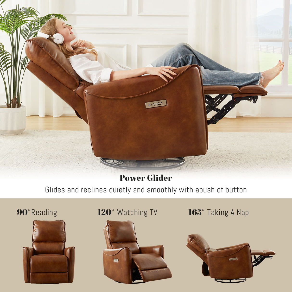 Electric Recliner Chair With Rocker And Swivel Function - Brown