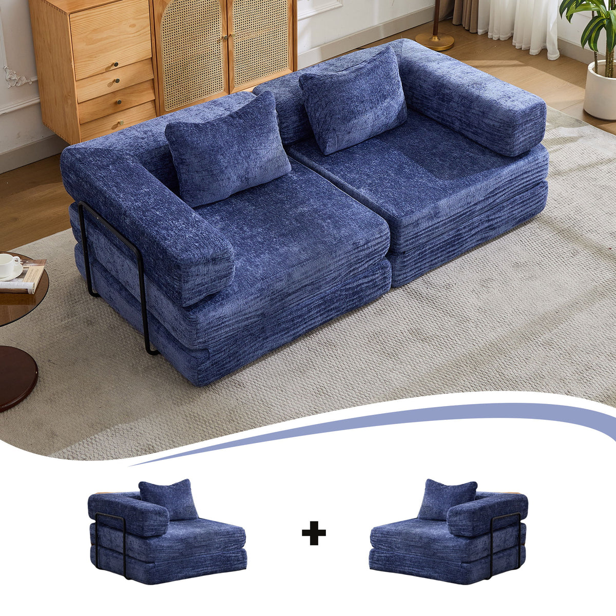Convertible Floor Sofa Bed With Pillow Back Support Armrest