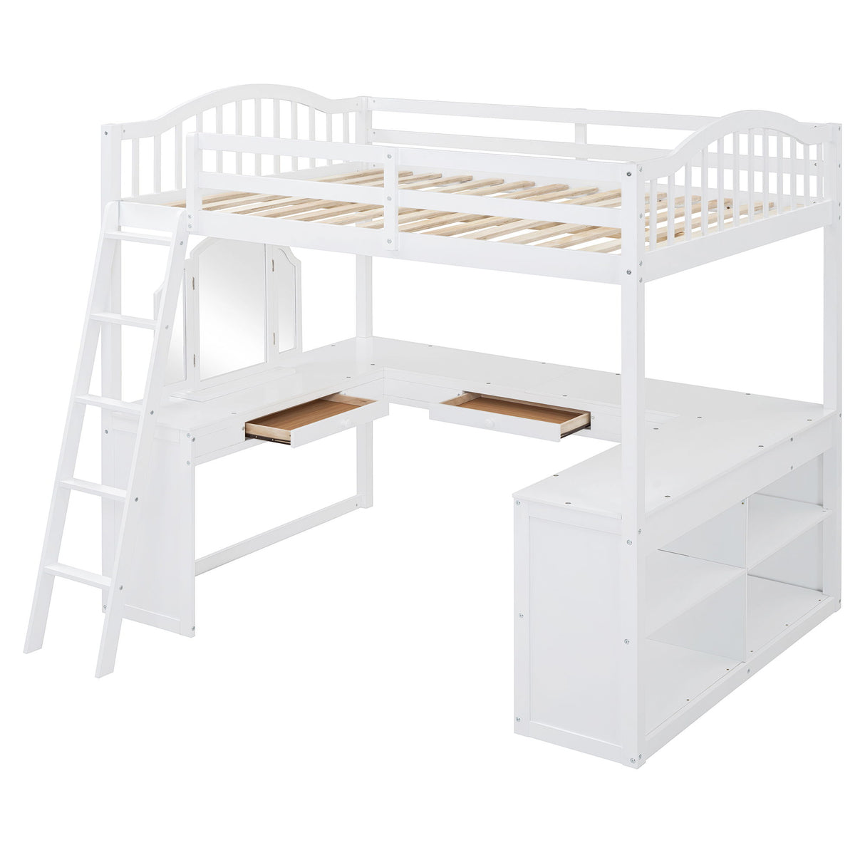 Loft Bed With Drawers, Cabinet, Shelves With Desk