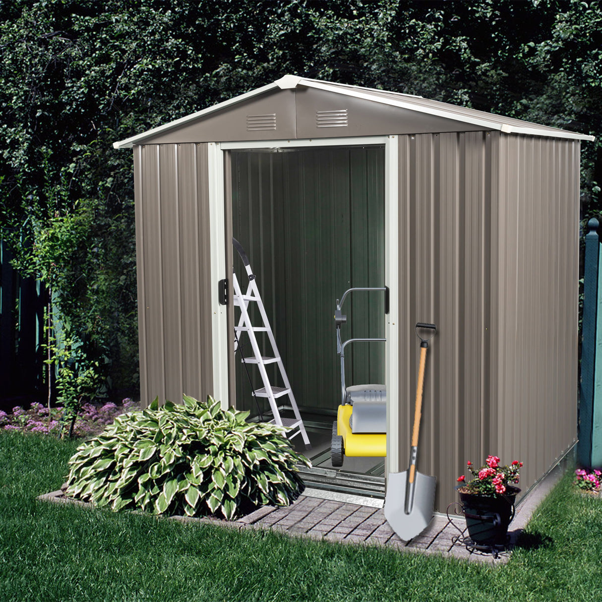 Outdoor Storage Shed Garden Building Heavy Duty Iron 6x5ft Dark Gray