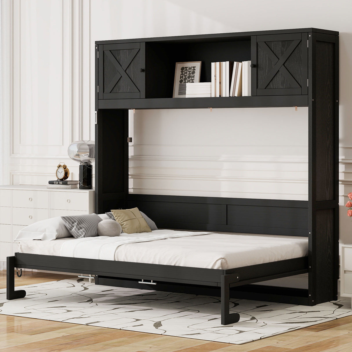 Full Size Murphy Bed With Storage Cabinets - Black