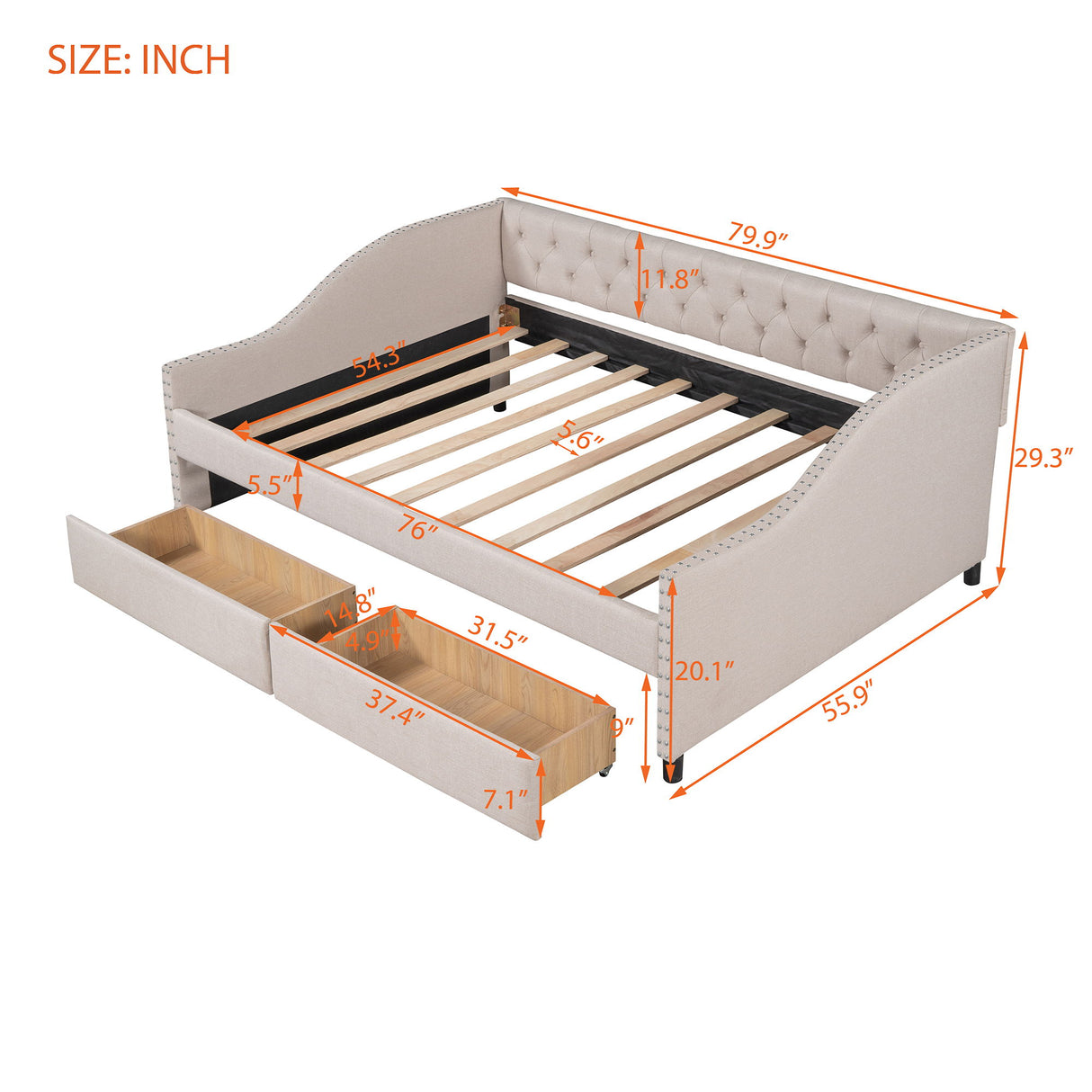 Upholstered Daybed With Two Drawers, Wood Slat Support