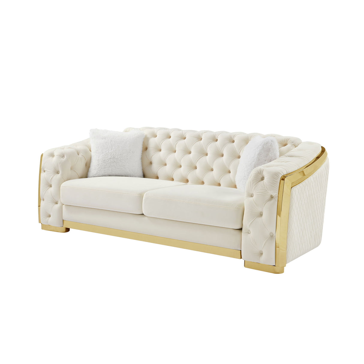 2 Seater Sofa With Button Tufted Diamond Grid & 2 Pillows For Living Room