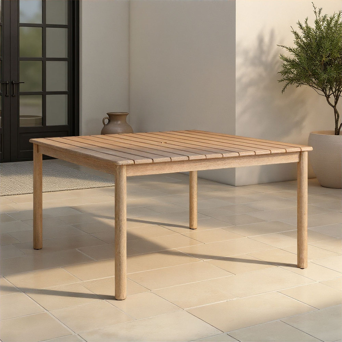 Balmor - 53" Square Outdoor Dining Table, Seats 4 - Wire-Brushed Natural Eucalyptus