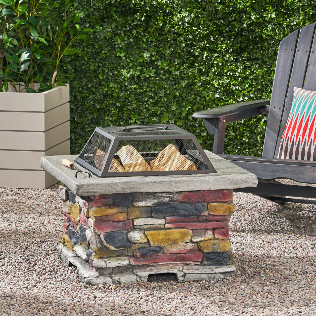 Outdoor Wood Burning Magnesium Oxide Fire Pit with Lid in Stone Gray