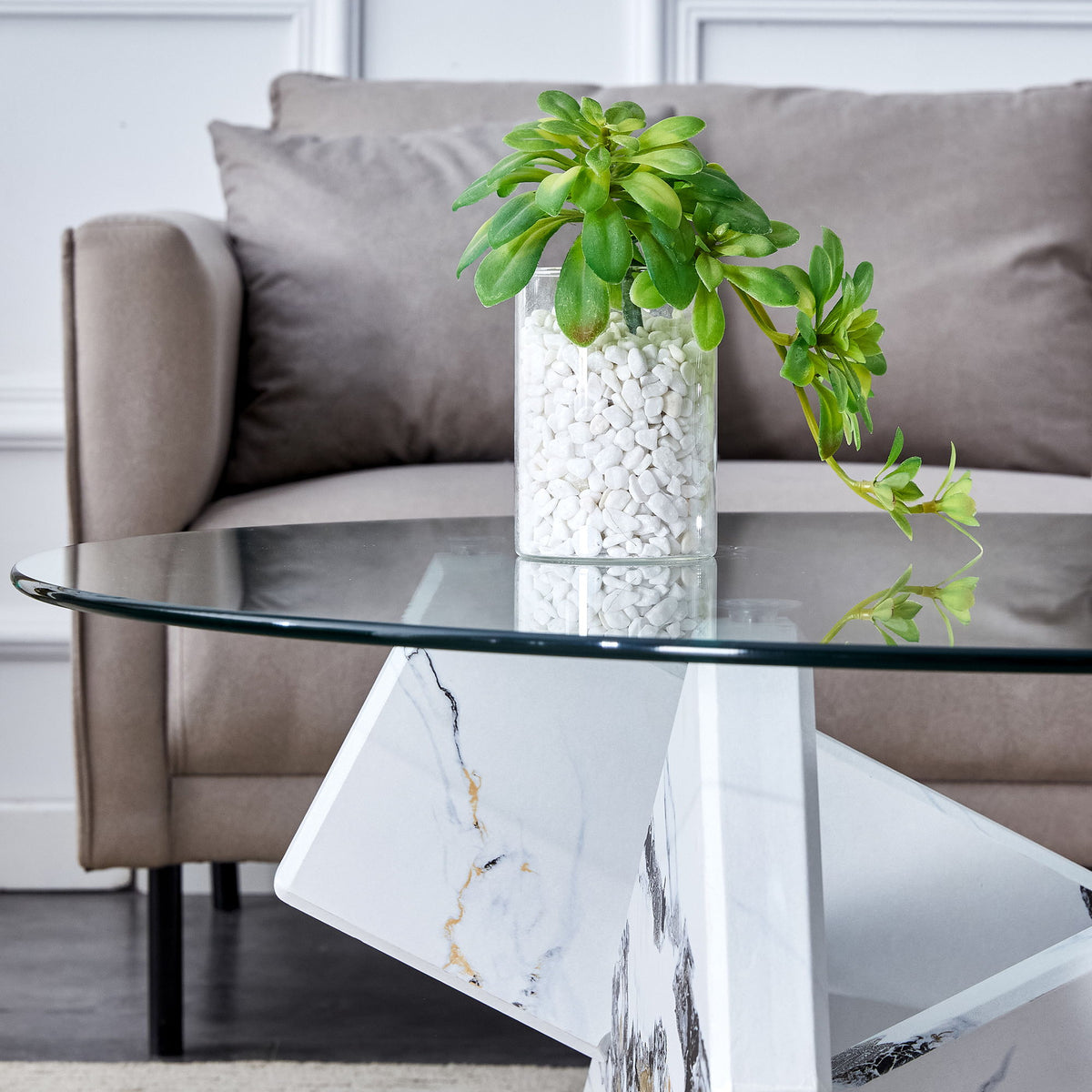 Modern Round Glass Coffee Table With Tempered Glass Countertop - White