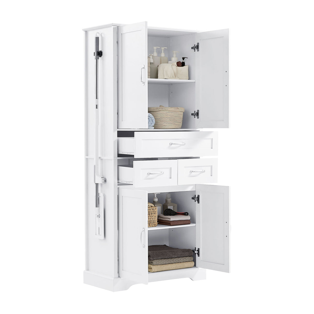 Tall Bathroom Storage Cabinet With 4 Doors 3 Drawers Adjustable Shelves - White