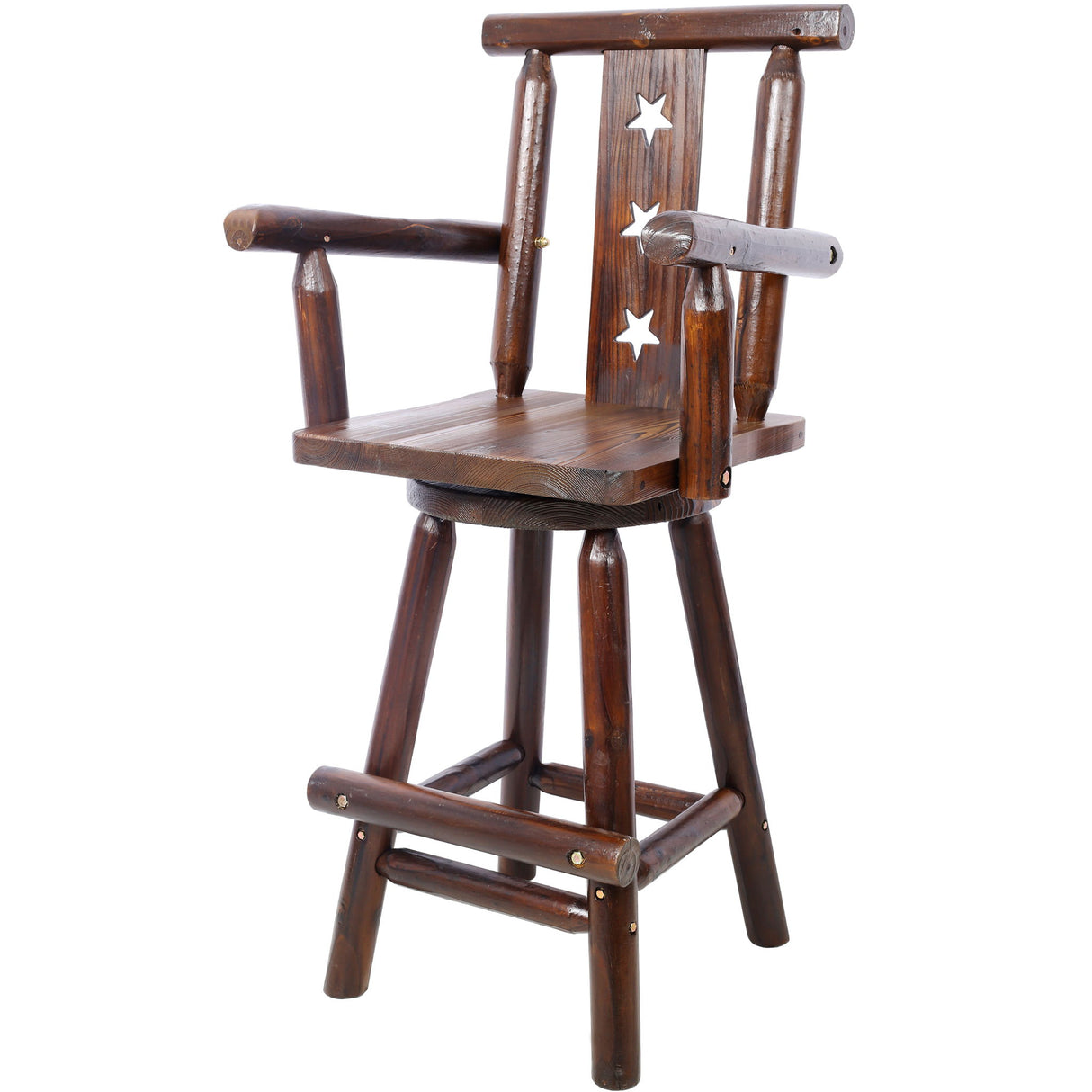 Rustic Tall Bistro Chair Decorative Star Backrest And Footrest, Fir Wood, 4 Foot - Brown