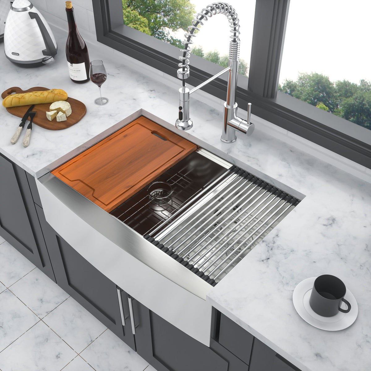 Double Bowl Farmhouse Sink Workstation 33" Stainless Steel 16 Gauge Apron Front - Black / Gray