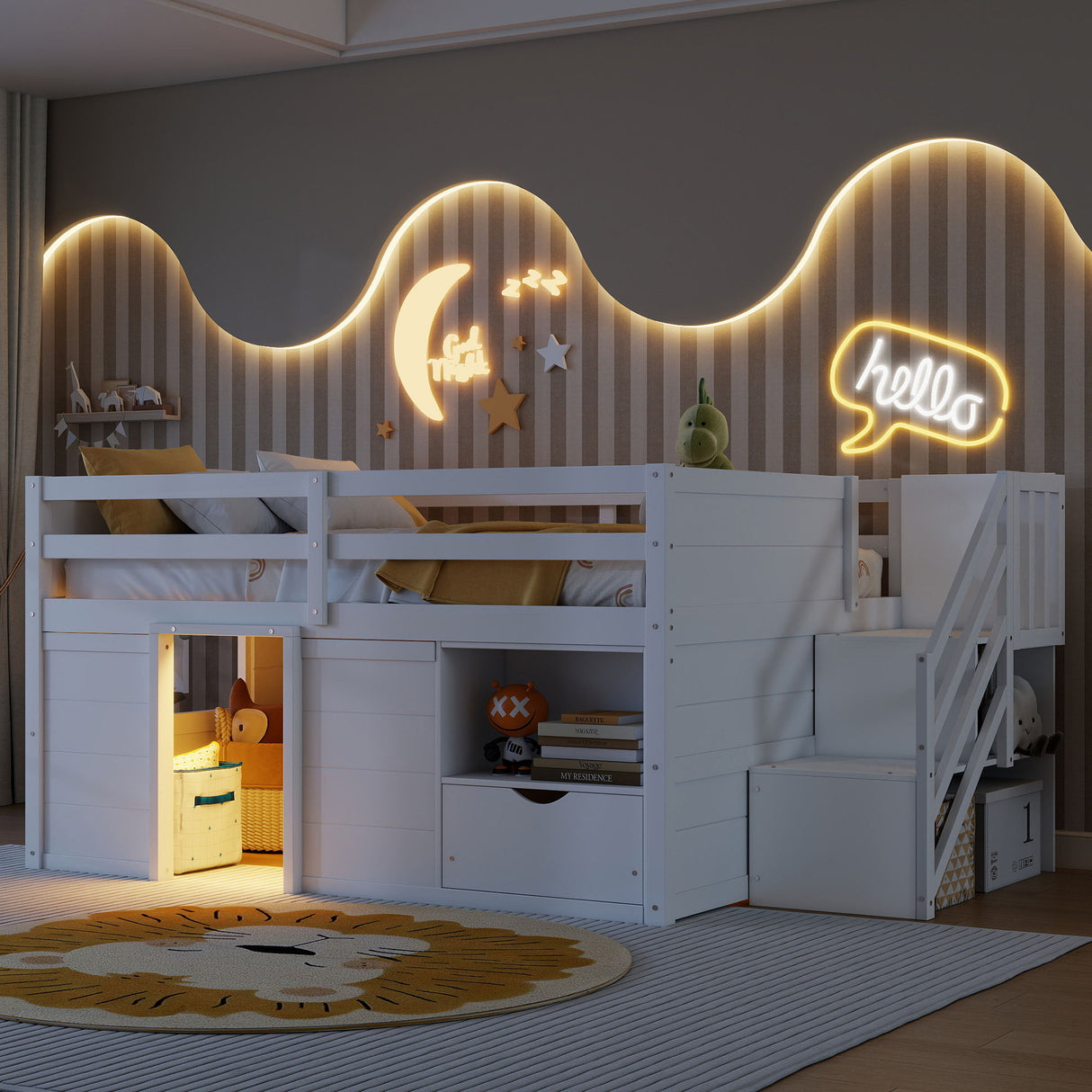 Low Loft Bed Frame With Built In Stairs, Storage Drawer, Shelf And 7 Color LED Light