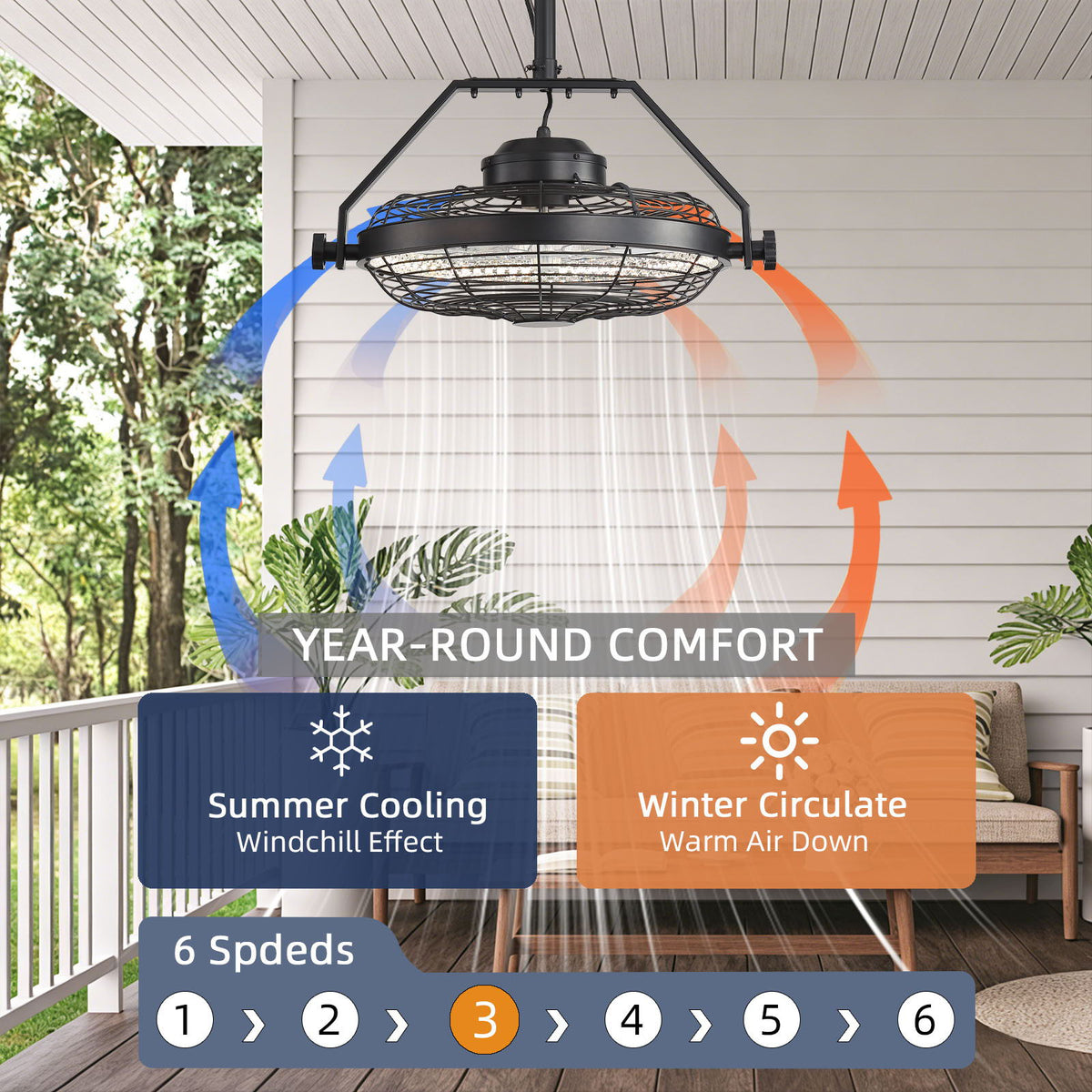 21" Outdoor Ceiling Fan With Dimmable LED Light, 7 Blades, Reversible DC Motor For Gazebos - Matte Black