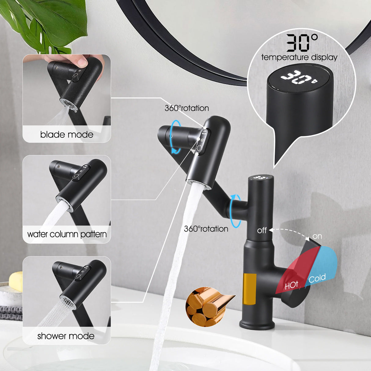 Bathroom Sink Faucet With Spray Function And Temperature Display, Anti Skid Switch, 360 Degree Rotary