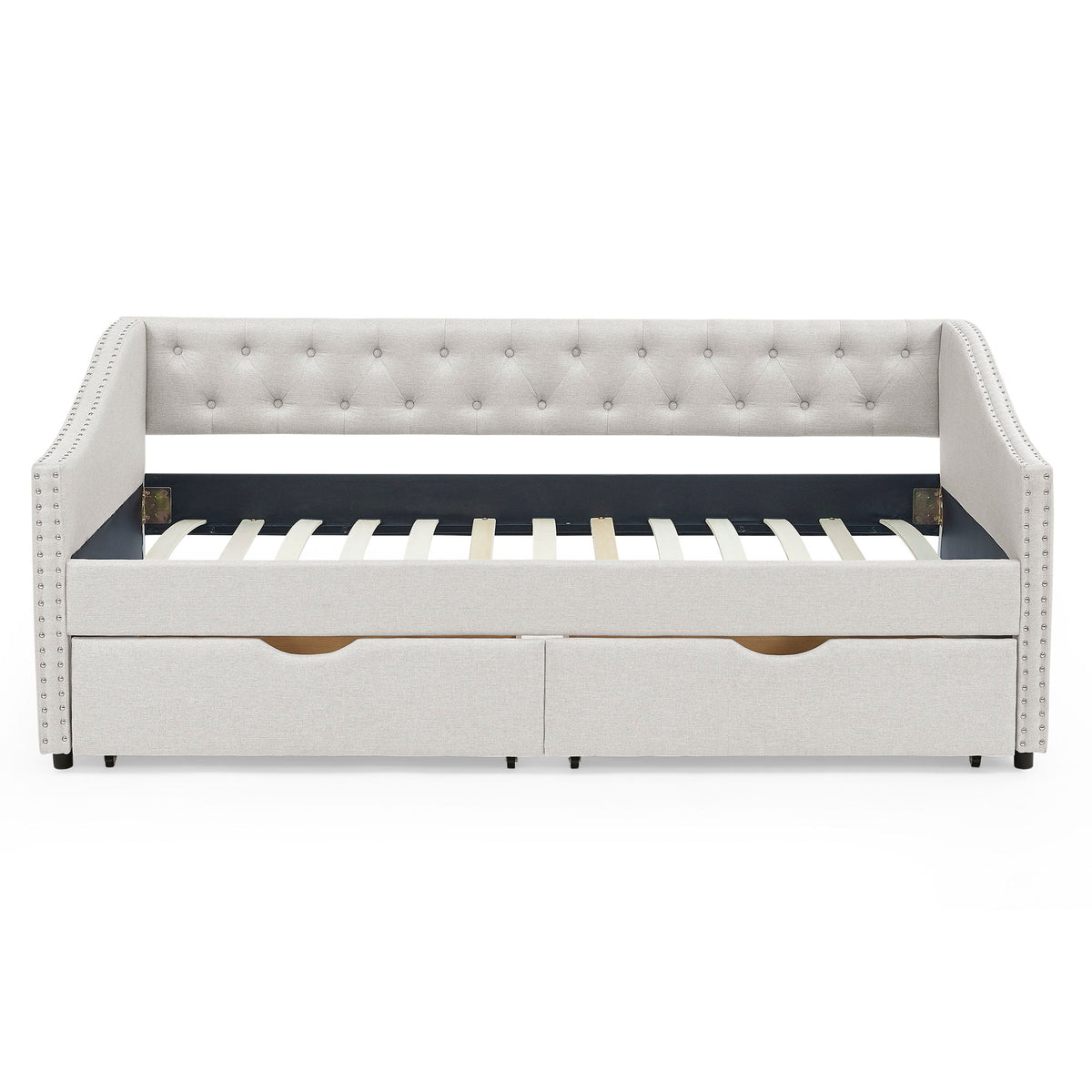 Upholstered Tufted Daybed With 2 Drawers, Waved Arms
