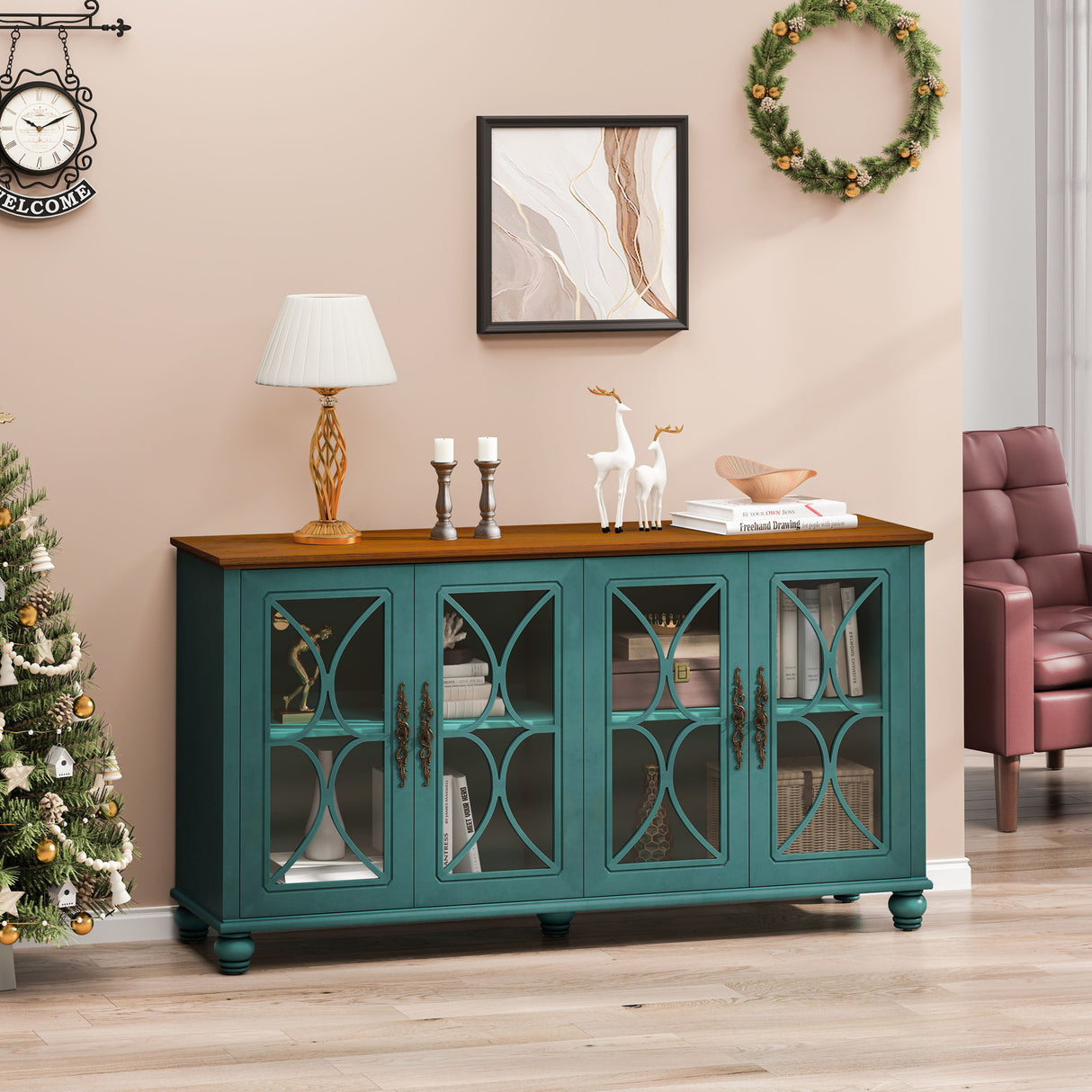 4 Door Sideboard Cabinet with Tempered Glass Doors and Wood 59x32in