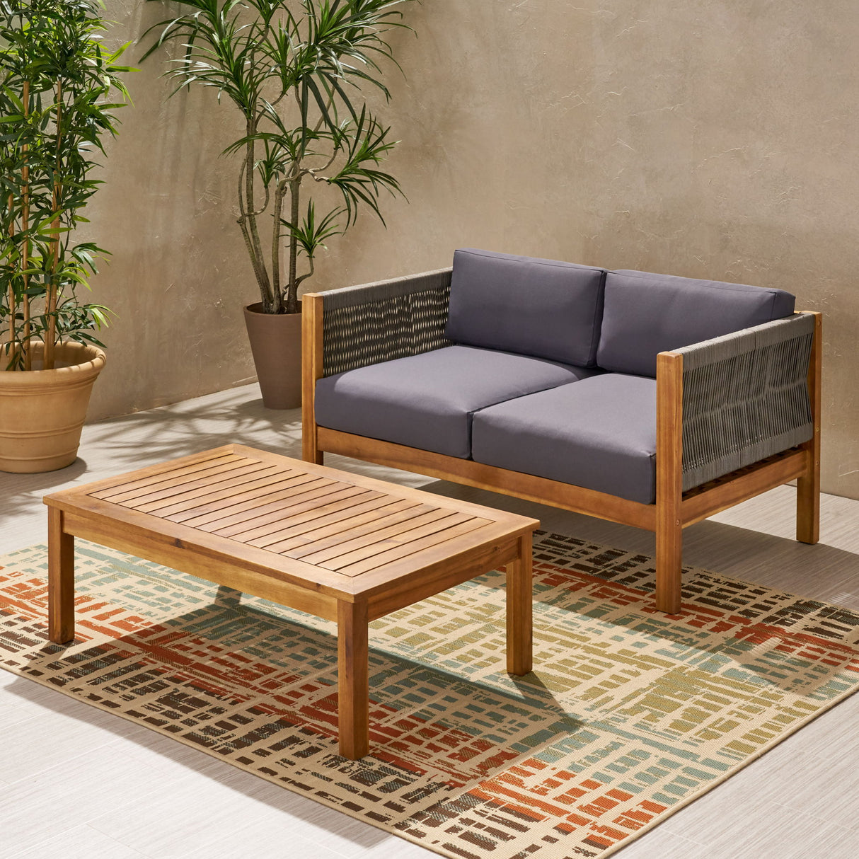 Charlotte - Outdoor And Rope 4 Seater Chat Set With Cushions - Teak