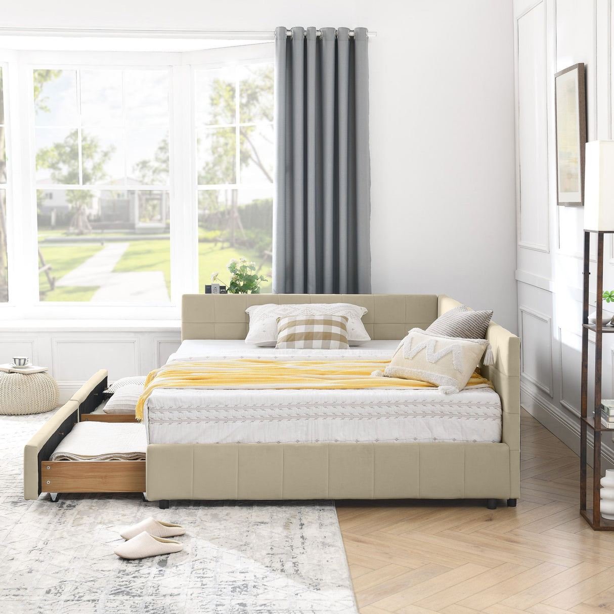 Upholstered Storage Tufted Bed Frame With Backrest And Armrests