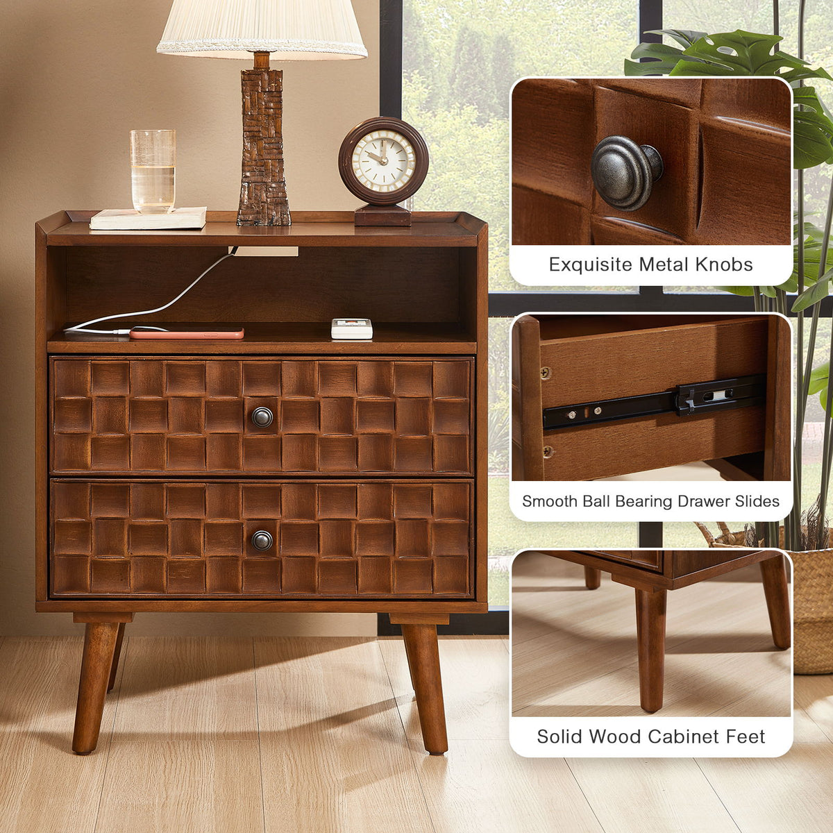Nightstand With Charging Station, 2 Drawer Bedside Table With Shelf And USB / AC Ports