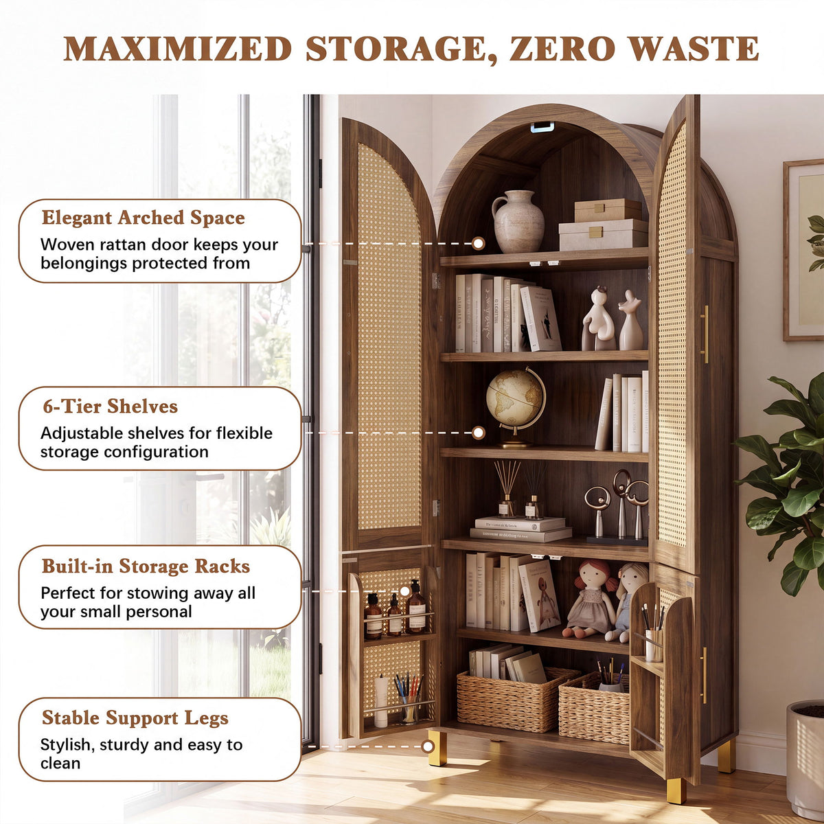 Tall Arched Cabinet With Rattan Doors & Adjustable Shelves