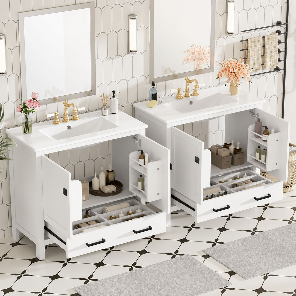 Bathroom Vanity With Sink, Soft Close Doors, Double Storage Shelves & Divided Drawer Ample Storage - White