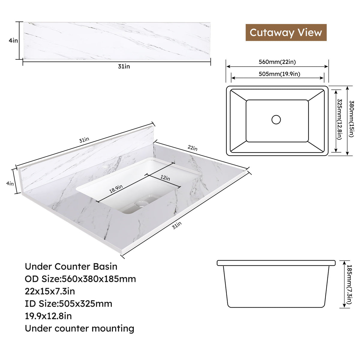 Bianco Carrara Venato Marble Vanity Top With Pre Drilled Faucet Hole And Undermount Sink