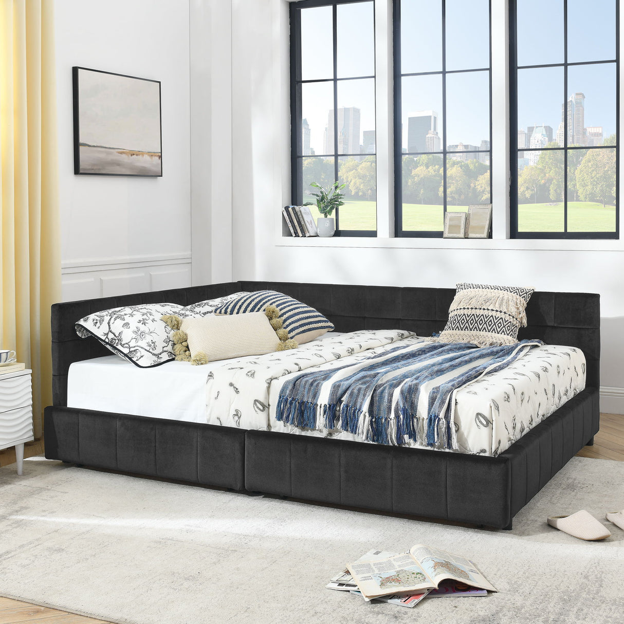 Storage Elegant Upholstered Tufted Bed Frame With Backrest And Armrests