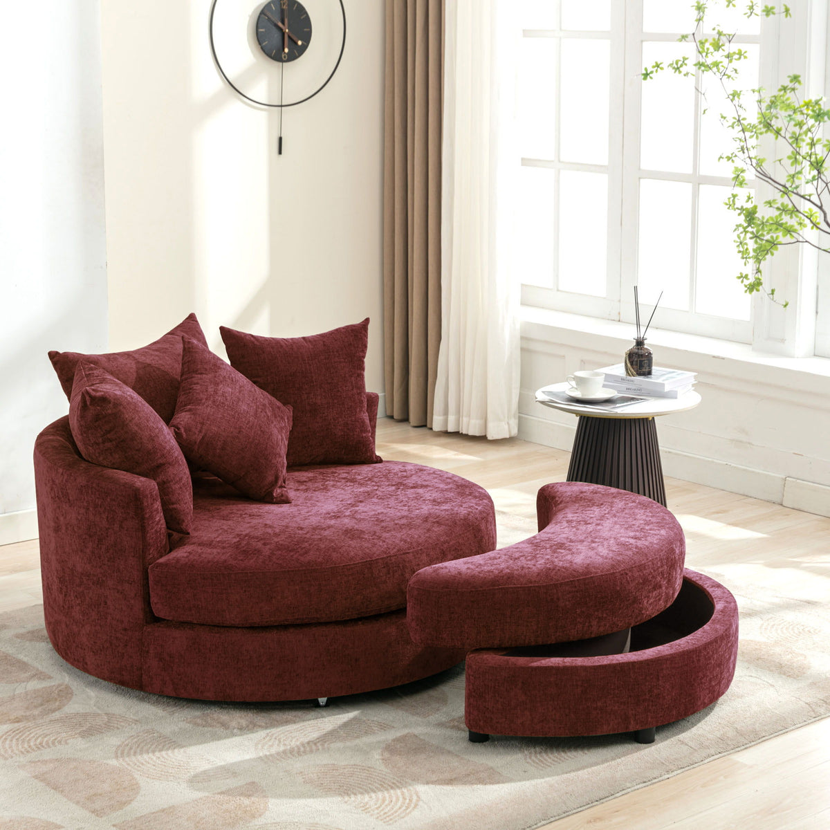 360° Swivel Accent Barrel Chair With Storage Ottoman & 4 Pillows, Modern Leisure Chair Round Accent For Living Room