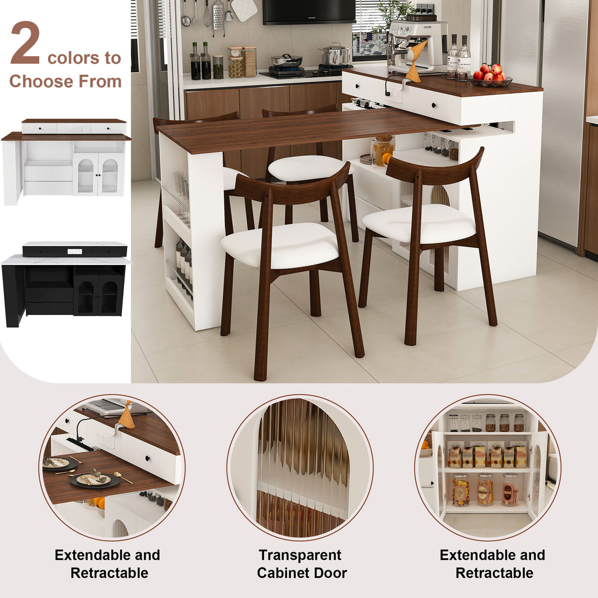 Kitchen Island Set With 4 Chairs, Extendable & Rotating Table, 4 Drawers & Glass Door Cabinets - Walnut