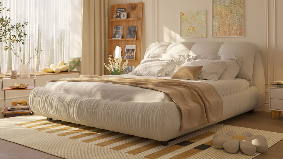 Luxury Upholstered Platform Bed With Oversized Padded Backrest And Solid Wood Frame