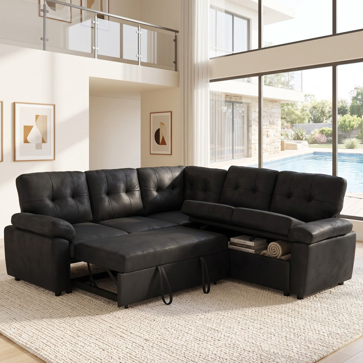 Convertible Sectional Sofa Bed With Pull Out Sleeper And Storage